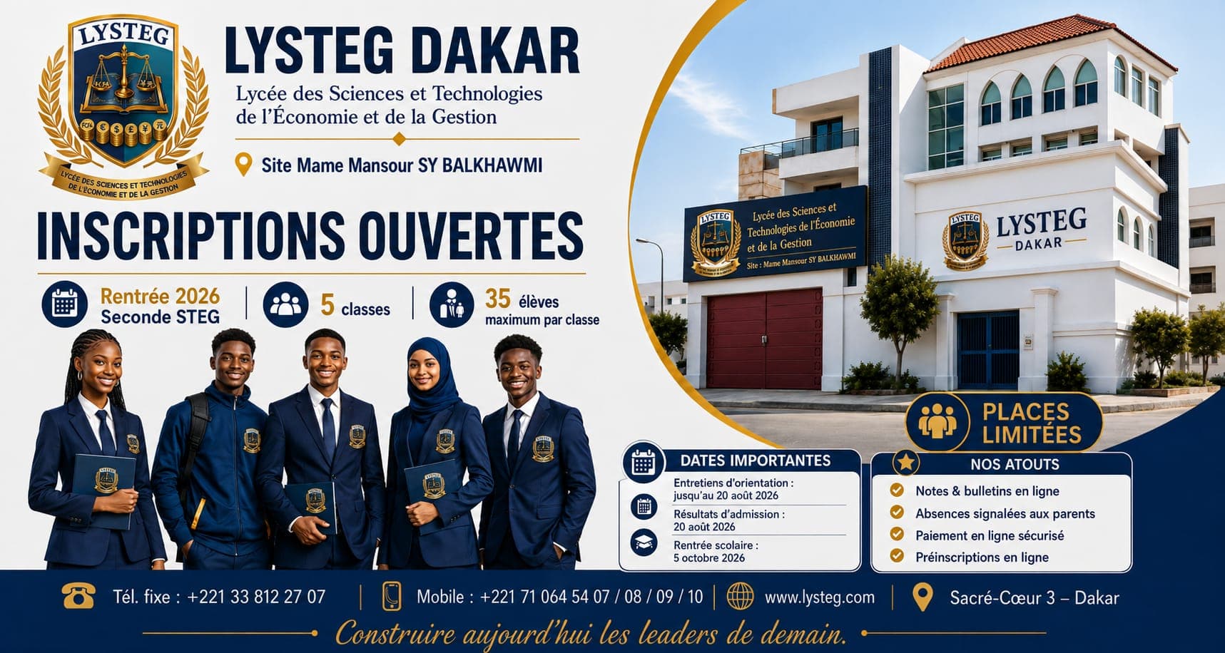Affiche LYSTEG Dakar — Inscriptions ouvertes pour la rentrée octobre 2026 en Seconde STEG. 5 classes, 35 élèves maximum par classe, site Mame Mansour SY Balkhawmi à Sacré-Cœur 3.